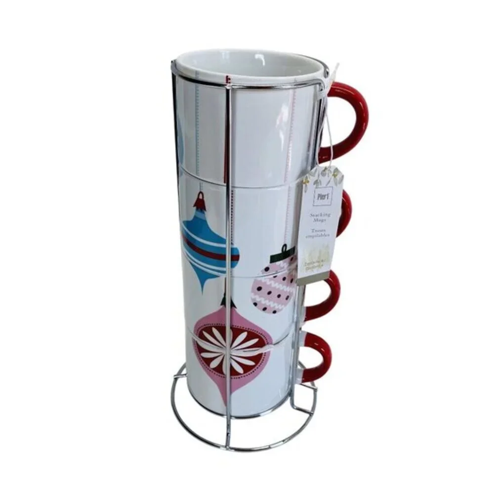 Pier One Stacking Mug Set on Stand Christmas Ornaments Red Handles Stoneware